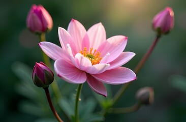 Obraz premium A close-up of a pink lotus flower with several buds. The petals are soft and delicate, showcasing vibrant colors in a natural setting.