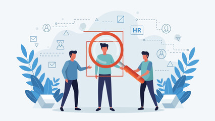 HR Recruitment and Candidate Selection Process Vector Illustration. Human Resources searching for talent using a magnifying glass to highlight the chosen employee.