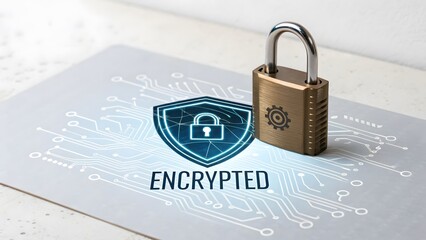 A gold padlock next to an encrypted digital shield