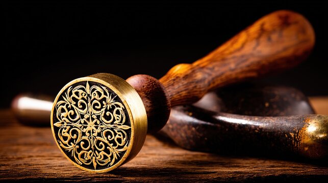 heraldry. A prestigious gold seal stands out against a dark textured backdrop, radiating ceremonial elegance. event programs.