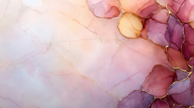 A beautiful abstract background featuring soft pastel hues with marbling effects and delicate gold accents, Perfect for use in digital designs, invitation cards