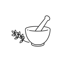A Clean Overhead Line Drawing of a Mortar and Pestle with Herbs