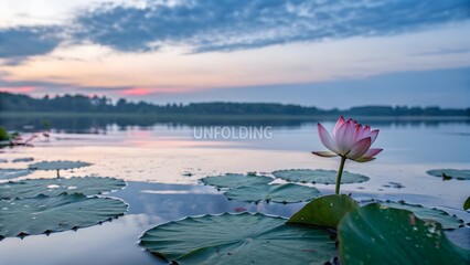 A lotus flower blossoming on the calm pond surface at dawn