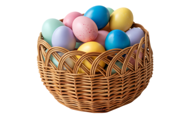 Closeup of a woven basket overflowing with vibrantly colored easter eggs isolated on transparent background