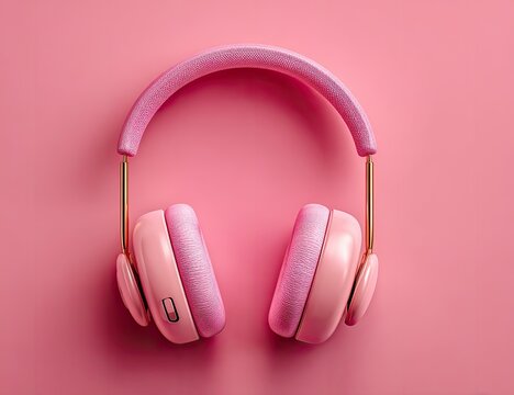 Pink headphones on pink background. Minimalist, centered - Powered by Adobe