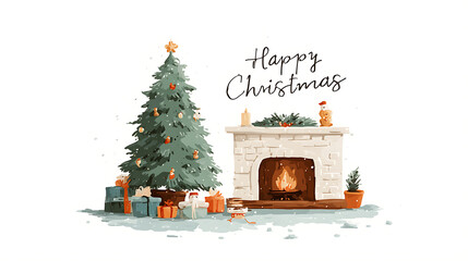 decorated tree with fire place on white background