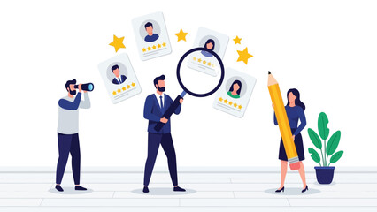 HR Recruitment and Candidate Selection Process. Business team evaluating employee profiles with ratings using magnifying glass, telescope, and pencil.