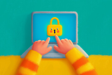 A colorful illustration of hands interacting with a laptop screen displaying a cheerful lock icon, symbolizing cybersecurity or data protection.