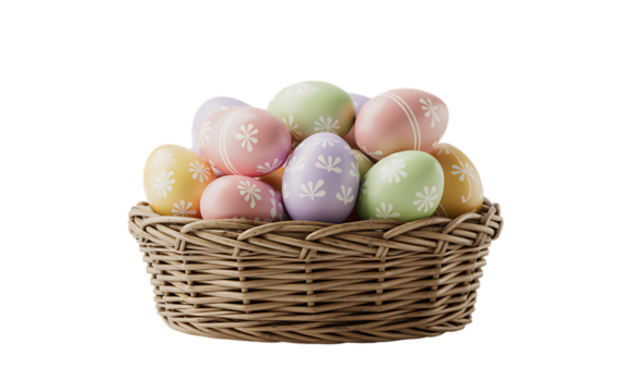 Wicker basket filled with decorative pastel easter eggs featuring subtle patterns, isolated on transparent background - Powered by Adobe