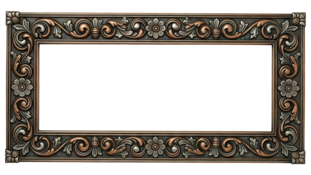 Ornate Rectangular Bronze Metal Picture Frame with Intricate Floral Scrollwork Detail Isolated On Transparent Background - Powered by Adobe