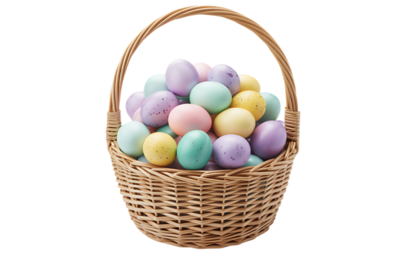 A rustic wicker basket brimming with a variety of pastel easter eggs, isolated on transparent background
