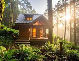 Wooden Cabin in Misty Forest at Sunrise