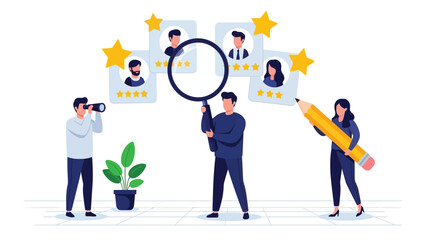 Human Resources Management and Recruitment Concept. Team Evaluating Candidates or Employees Using a Star Rating Review System, Magnifying Glass, and Assessment Tools.