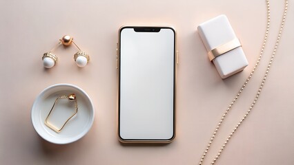 Elegant flat lay of a modern smartphone surrounded by luxurious jewelry and a gift box on a soft pink background
