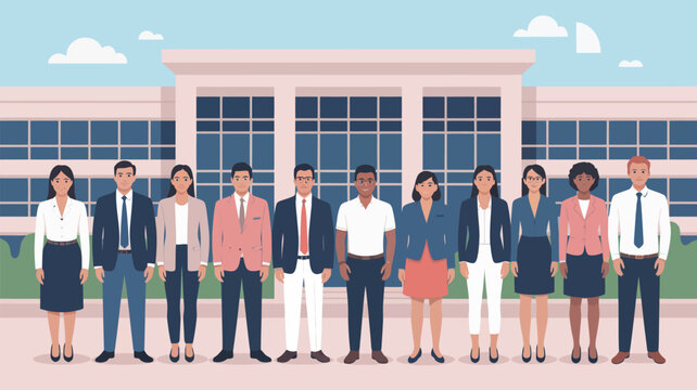 A diverse group of professionals standing in front of a building with large windows and a blue sky above