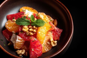 Colorful citrus salad with walnuts and fresh mint served in dark dish highlighting vibrant textures and enticing flavors for a healthy culinary experience captured with clarity