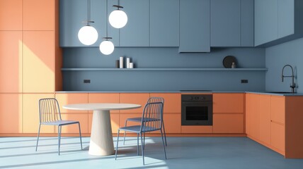 Stylish modern kitchen design in blue and orange for a bright and inviting living space vibe now