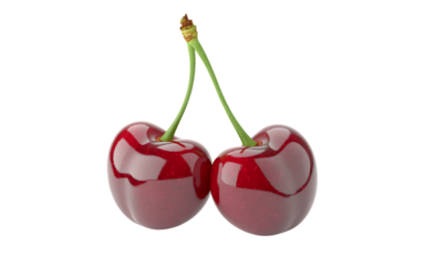 Two ripe red cherries with green stems isolated on transparent background