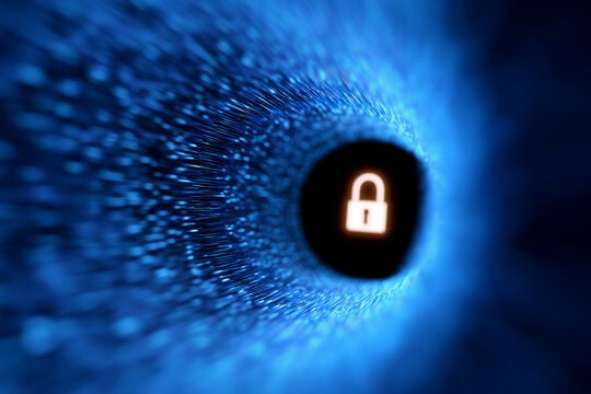 A digital tunnel of blue light with a padlock symbol at the center, symbolizing cybersecurity and digital protection.