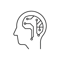 A minimalist line art illustration of a human head profile with internal digital circuitry representing artificial intelligence and technology