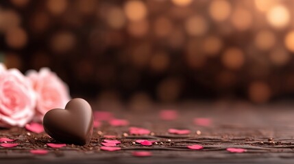A romantic setup featuring a chocolate heart, delicate roses, and pink petals on a wooden surface with a soft bokeh background, perfect for Valentine's Day, weddings, or love-related promotions,