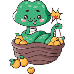 Adorable Green Snake With Cute Eyes and Tongue Out Sitting in a Wicker Basket Full of Oranges Holding a Sparkly Wand
