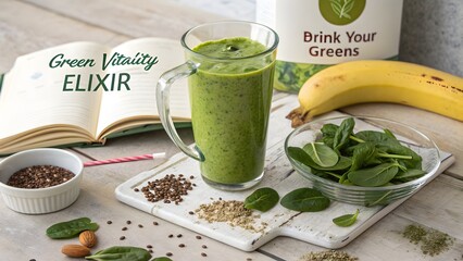 A tall glass filled with delicious green smoothie