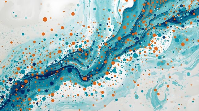 Turquoise and Orange Abstract Fluid Art Paint Splatter with Dots