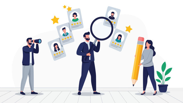 Hiring and Recruitment Process Vector Illustration. Talent Search, Candidate Evaluation, and CV Screening Concept