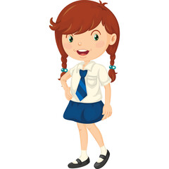 A Young Caucasian Girl With Red Pigtails And Green Eyes Wears A White Collared Shirt Blue Skirt And Blue Tie Standing On A Transparent Background She Smiles Happily With Her Right Hand On Her Hip