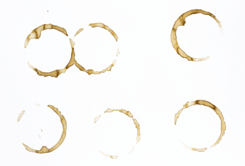 Coffee cup or tea stain drink ring vector illustration set isolated on white background. Coffee stain mark trace ring cup spot trace. Brown round splashes of drink collection.