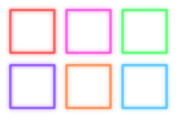Rectangle box outline neon light frame, set of colorful shaped object elements isolated on white background	