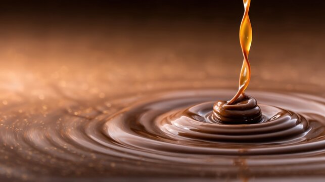 Rich, flowing chocolate creates mesmerizing ripples on a surface, ideal for use in dessert recipes, advertisements, or food photography showcasing indulgence and sweetness,