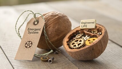 A walnut pod cracking open to reveal gears in complex miniature