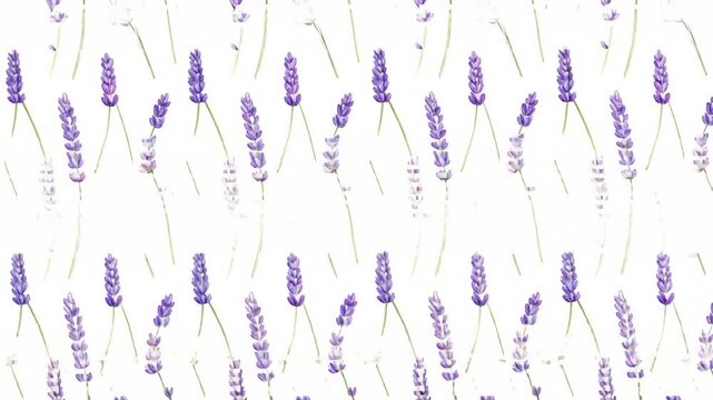 A seamless pattern of purple lavender flower illustrations on a clean white background