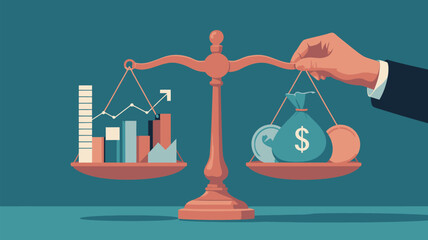 Illustration of scales balancing financial charts and money bags with a hand adjusting the balance