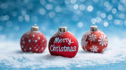 Christmas ornaments, three ornaments with Merry Christmas messages, set against a snowy backdrop, capturing the festive spirit and cheer.