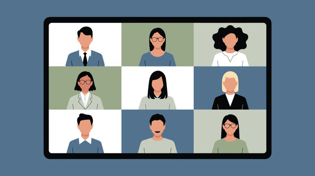 A digital tablet displaying a video conference with nine participants in a grid layout on a blue background