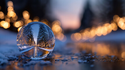 Fototapeta premium A crystalline sphere encapsulates a wintry scene, transforming a tranquil, snow-covered lane lined with illuminated trees into an ethereal spectacle. The image is an artistic portrayal.