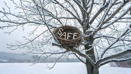 A winter tree with a nest displaying the word SAFE