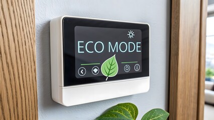 Thermostat Showing Eco Mode With Leaf Icon on a Gray Wall