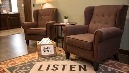 Two brown armchairs in a comfortable safe space for therapy
