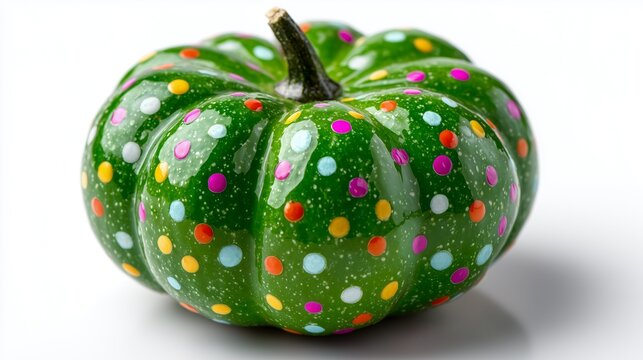A green pumpkin with colorful polka dots painted on it