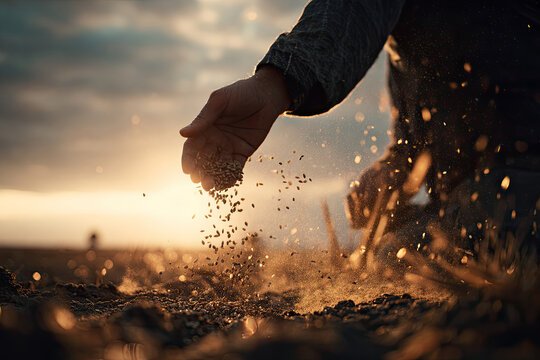 A close-up of a hand releasing sand into the air during sunset. The background features a blurred landscape with soft lighting and scattered people.