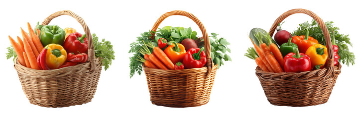Three woven baskets filled with fresh colorful vegetables and greens isolated on a transparent background
