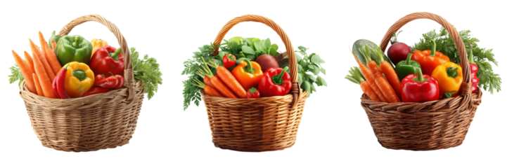Three woven baskets filled with fresh colorful vegetables and greens isolated on a transparent background