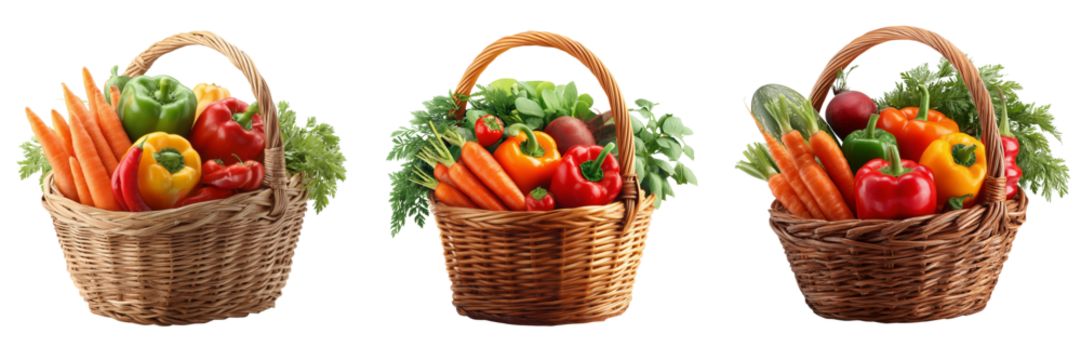 Three woven baskets filled with fresh colorful vegetables and greens isolated on a transparent background - Powered by Adobe