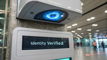 Biometric eye scanner emitting a blue light at an airport terminal
