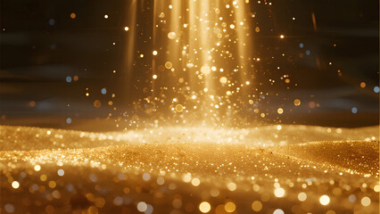 Golden Glitter Background, Sparkling Light Beams, Bokeh Effects, Luxurious Design, Festive Ambiance