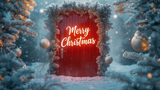 Winter Doorway with Glowing Merry Christmas Text, Surrounded by Snowy Forest and Festive Garland 